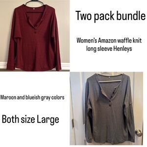 Two Pack Bundle Women’s Amazon Long Sleeve Henley Tops - Maroon and Blue/Gray: L